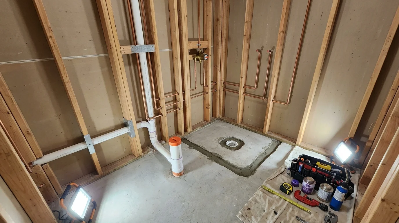 Bathroom rough-in plumbing during remodel by Johns Plumbing LLC in Bladensburg