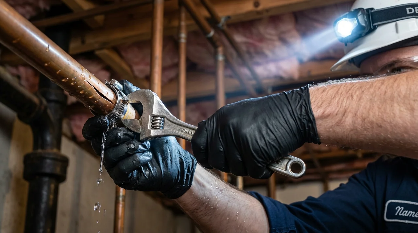 Emergency pipe clamp repair being performed by a Johns Plumbing LLC plumber in Bladensburg