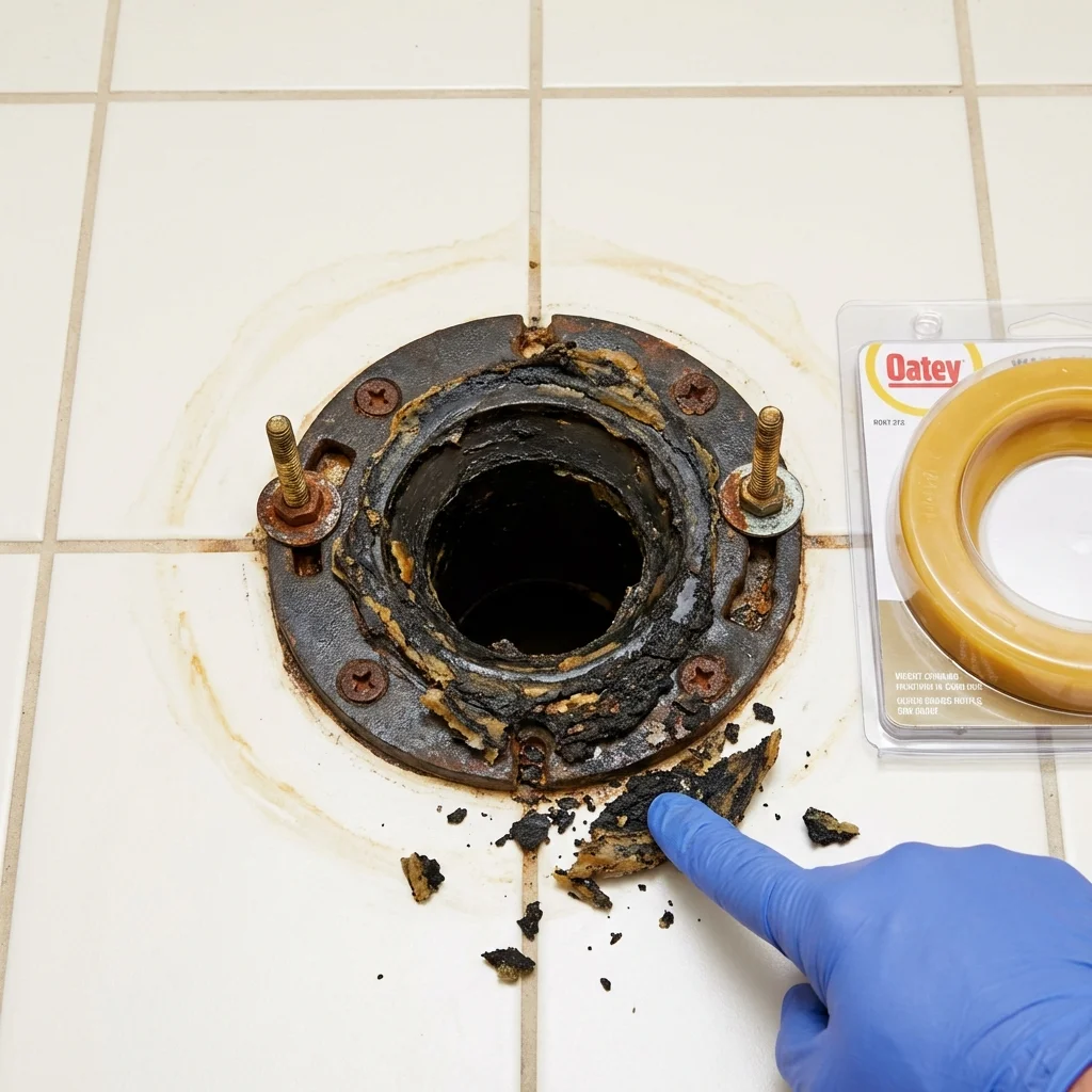 Failed wax ring showing water seepage at the base of a toilet in a Bladensburg, MD home