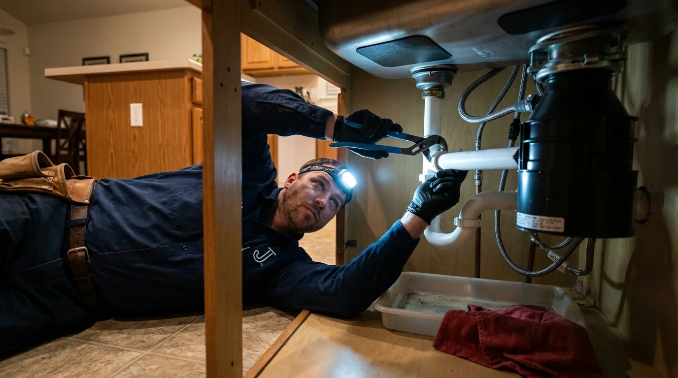 P-trap and supply line connections under a kitchen sink showing a common leak point in Bladensburg, MD